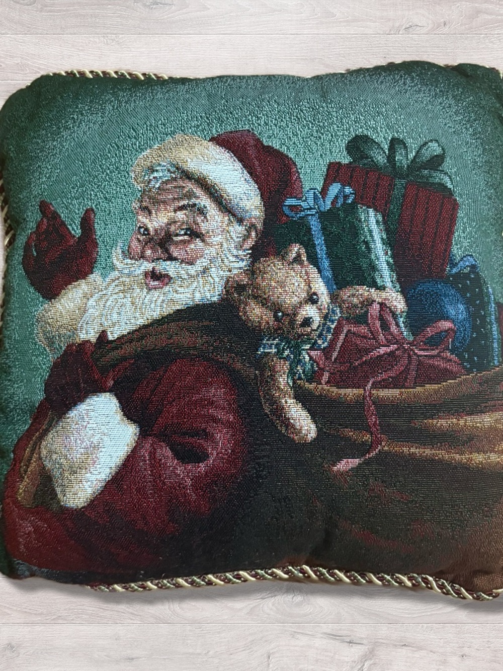Christmas Tapestry Square Throw Pillow  16X16 Santa Claus w/gifts Bear Rope Trim